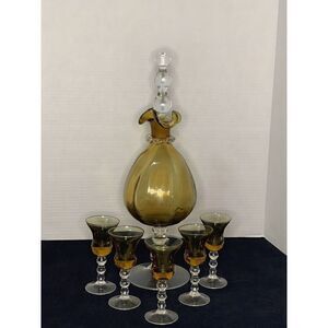 Rare Vintage Italian Amber Decanter with Stopper and 5 Matching Cordial Glasses